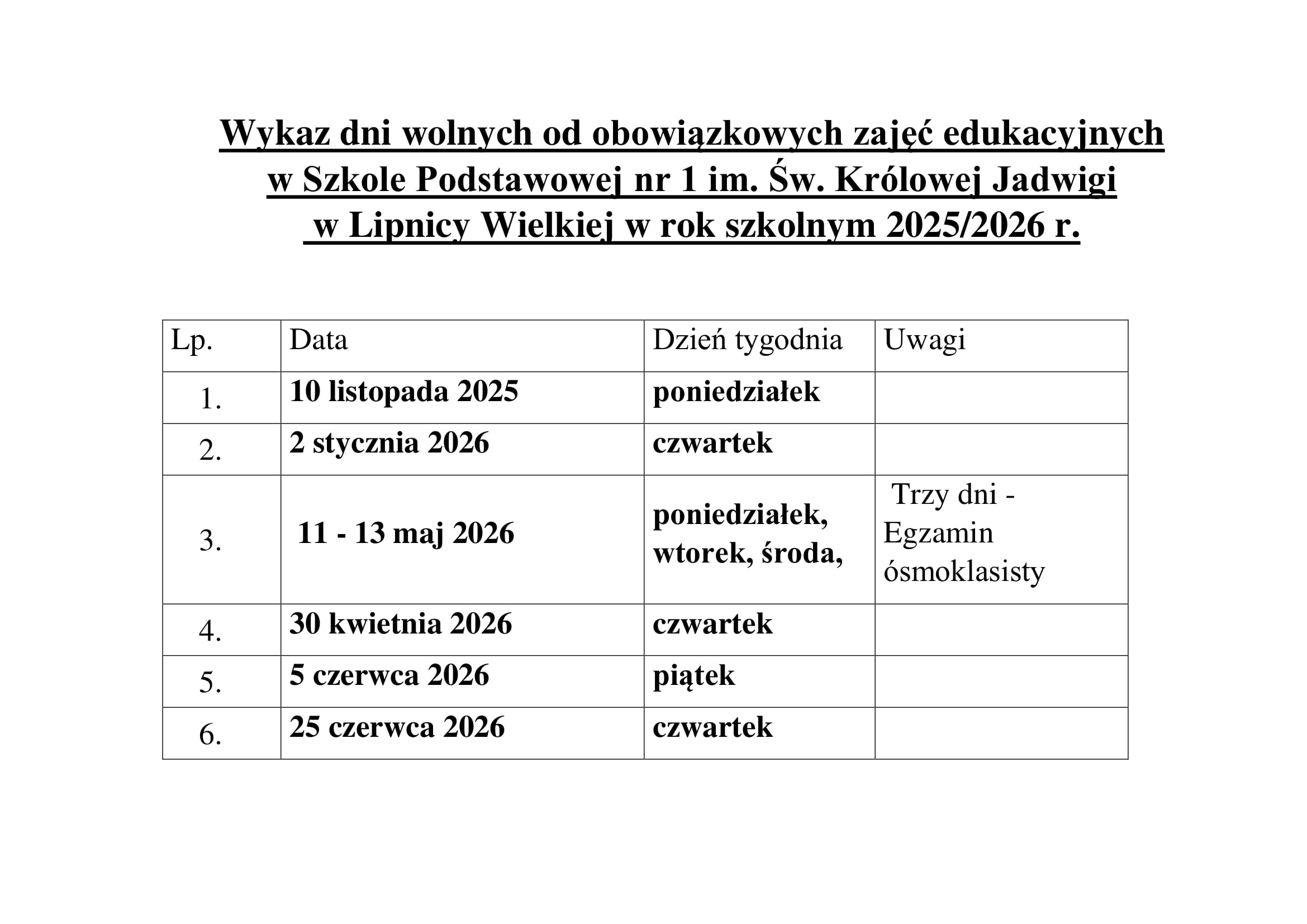 Dni wolne od obowiązkowych zajęć dydaktycznych 2025 26 1